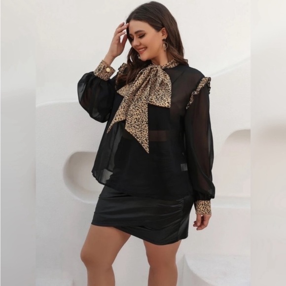 PLUS LEOPARD TIE NECK LONG-SLEEVE BLOUSE - Picture 7 of 12